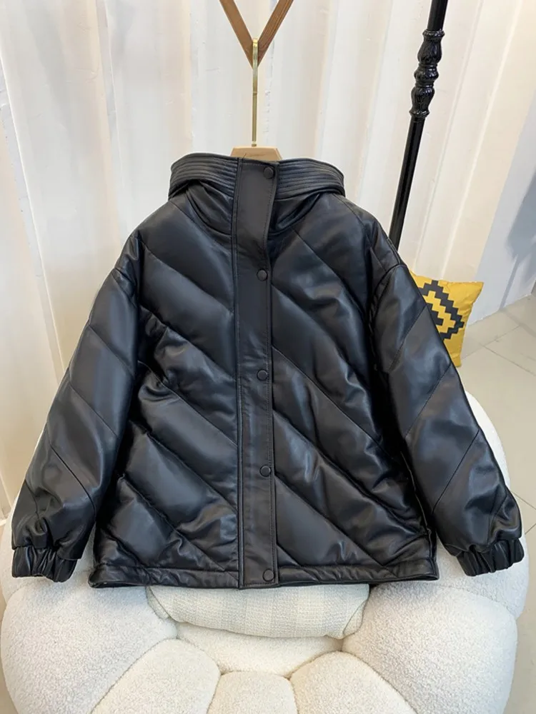 Winter Fashion Women Casual Loose Fit Hooded White Duck Down Jacket Sheepskin Genuine Leather Coat Thick Warm Windproof Overcoat