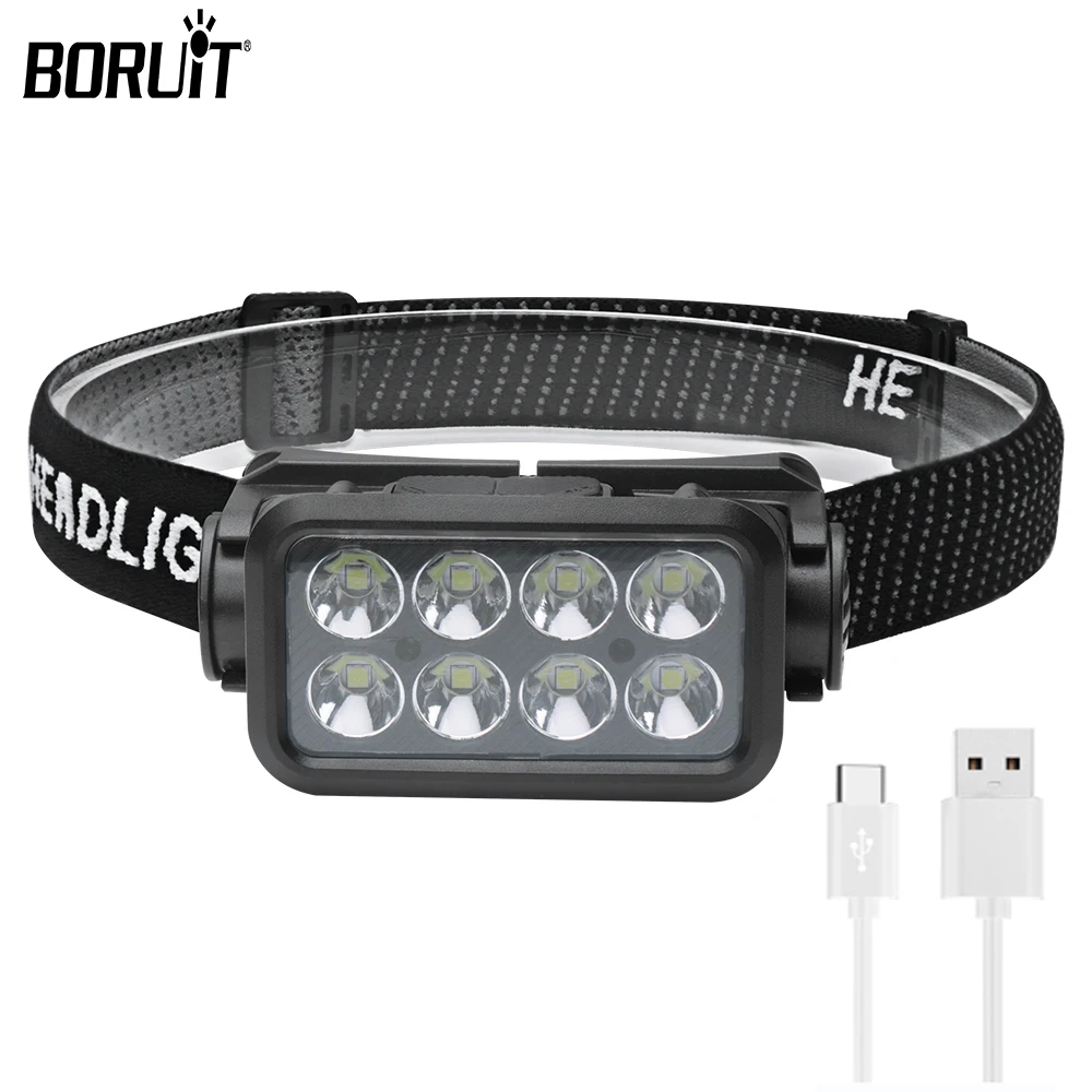 

Налобный фонарь BORUiT, супер яркий фонарь с фонариком, 18650, Type-C, аккумуляторный, водонепроницаемый, для кемпинга и рыбалки