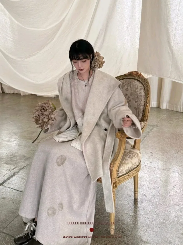 

Шикарное шерстяное пальто в стиле дзен, окрашенное растительными красителями, для дождливой погоды, с капюшоном, приталенного кроя, с круглым вырезом, эластичной талией, для повседневной носки