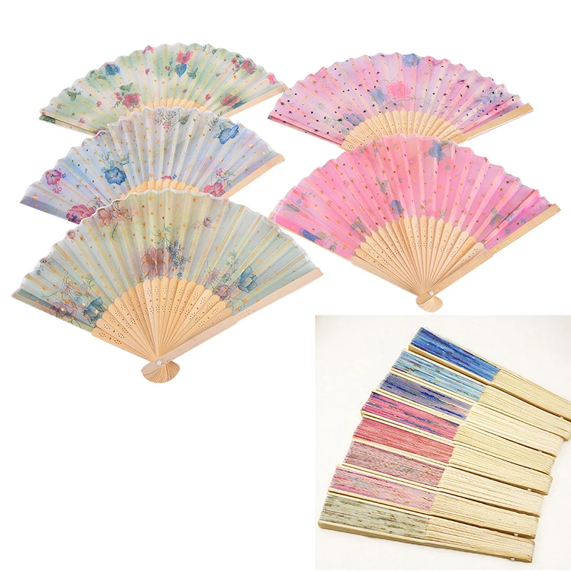 Classical Cherry Blossom Print Folding Hand Fans Flower Print Vintage Fan White Polyester Fans Summer Chirdren Girls Dancing Fan