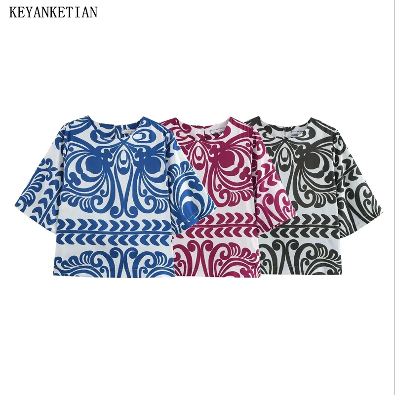 

KEYANKETIAN 2026, весенняя новая женская футболка с короткими рукавами и принтом в этническом стиле, пуловер с круглым вырезом, свободные винтажные футболки, атласный укороченный топ