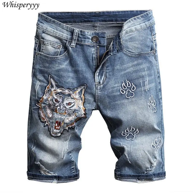 ウルフヘッド刺繍デニムショーツメンズストリートカジュアル 5 点パンツヒップホップ夏弾性スリムジーンズミドルパンツ男性