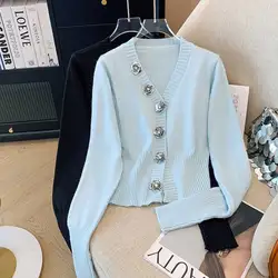 Chique Lovertjes Bloementrui Dames Lente Herfst Nieuwe V-Hals Gebreide Vesten Met Enkele Rij Knopen Prachtige Elegante Vrouwelijke Tops