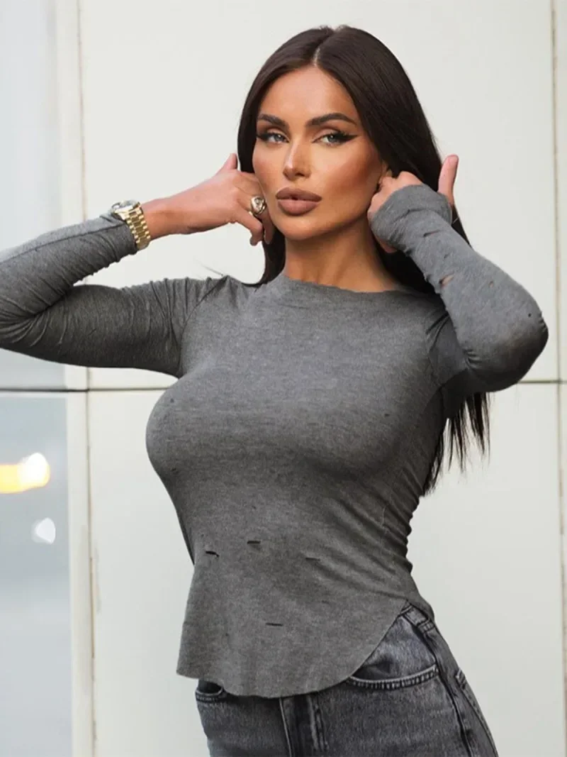 Woman Clothing 2024 Long Sleeve O-neck Holes Gray T-shirts Streetwear Y2K Autumn Girls Slim Fit Cropped Top Female Bottoming Tee