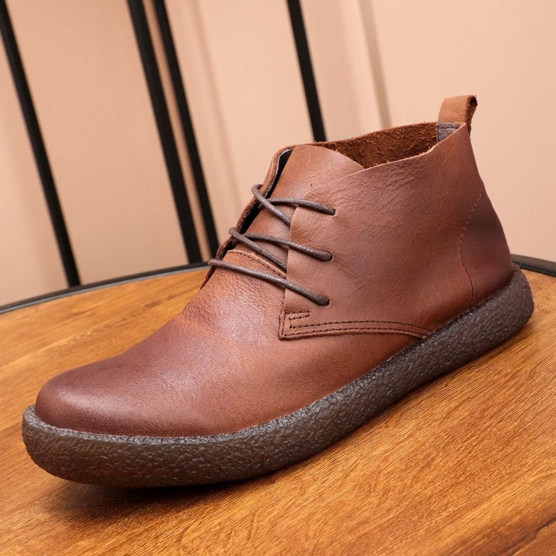 Wysokie kostki codzienne trampki do chodzenia wierzchnia warstwa miękka skóra bydlęca podeszwa TPR męskie Botas wiosenne krótkie buty Outdoor Camp Shoes