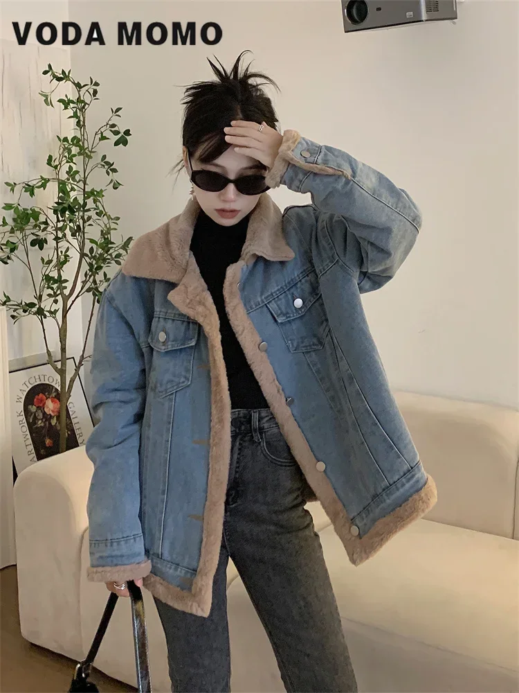 Winter Loose Casual Warm Jeans Coats Wear Fur Collar Long Sleeves Female Clothes Fleece Thicken Fashion Retro Denim Jacket Women