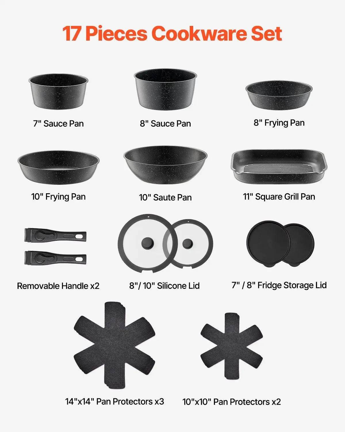 17 Piece Nonstick Cookware Collection Granite Finish 2.5mm Base for Even Heating Fits Cabinet RV Use