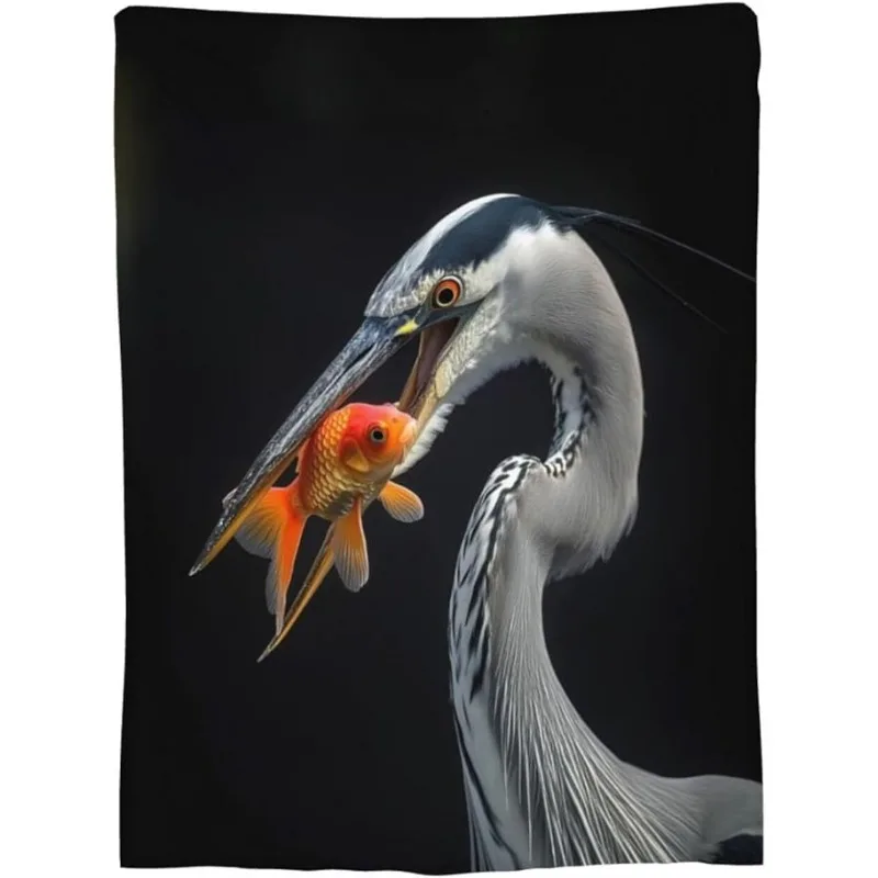 Modern Gray Heron and Fish Print Flannel Blanket - Soft, Lightweight, Machine Washable, All-Season, Multi-Purpose