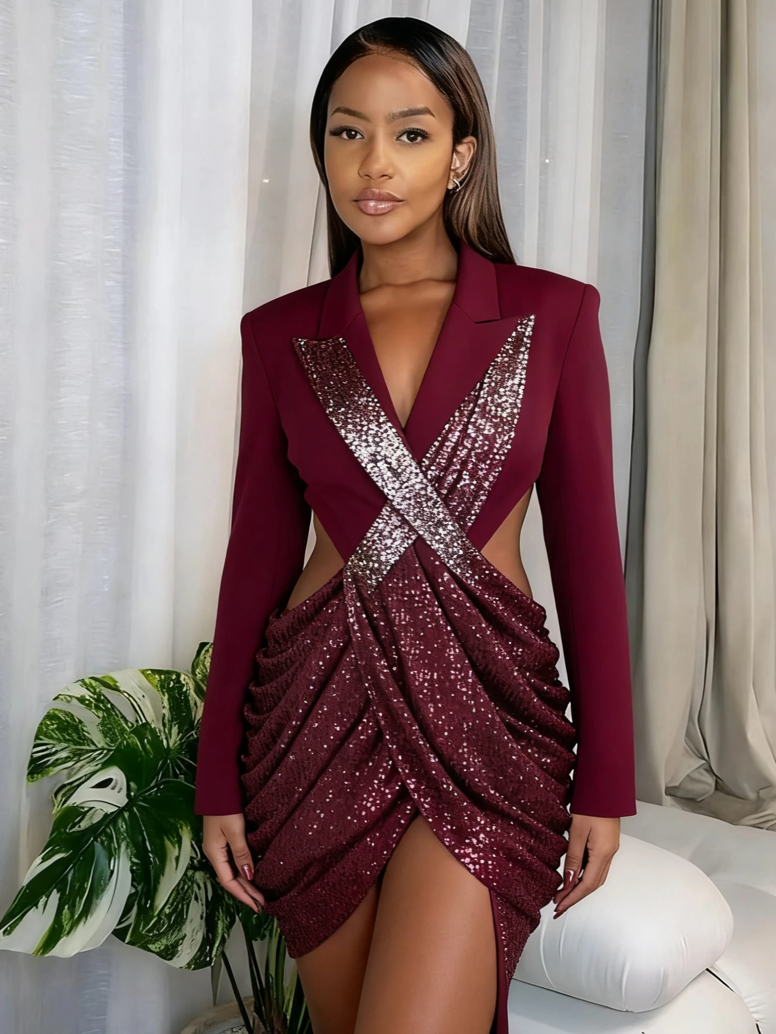 Sukienka Cutenew z cekinami, bez talii, seksowna, damska, patchworkowa, z odkrytymi plecami, z klapami, krzyżowana, marszczona, elegancka, brzoskwiniowa, podkreślająca biodra, obcisła mini bodycon