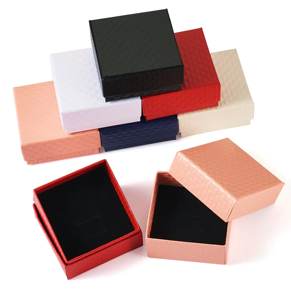 12pcs Rhombus Textured Cardboard Boxes Multi-color Square Box with Sponge Pad DIY Jewelry Storage Packing Supplies 75x75x36mm