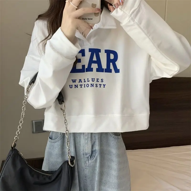 

Femme весенне-осенняя корейская свободная модная однотонная женская одежда с v-образным вырезом и принтом, универсальные хлопковые топы с длинными рукавами для ленивого ветра