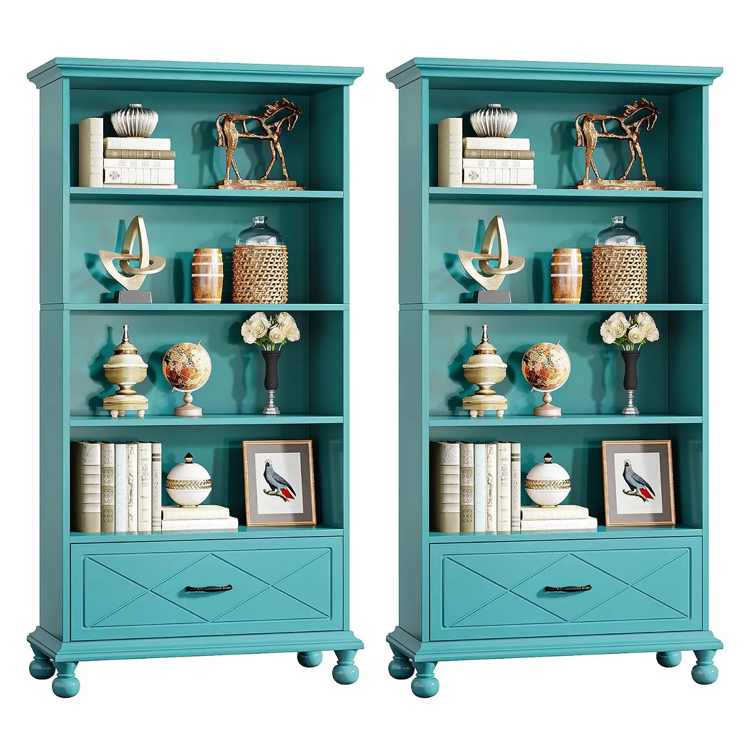 71 Inch 6-Shelf Bookcase Set of 2 with Drawer & Solid Wood Legs, 6-Tier Display Storage Shelf for Home Office, Customized