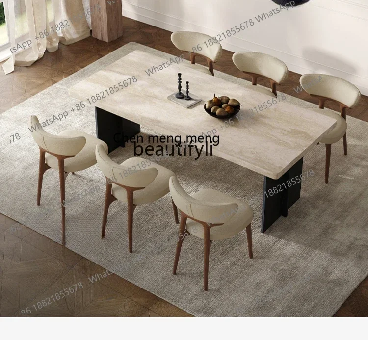 

178French travertine rock slab dining table and chair combination simple rectangular designer dining table