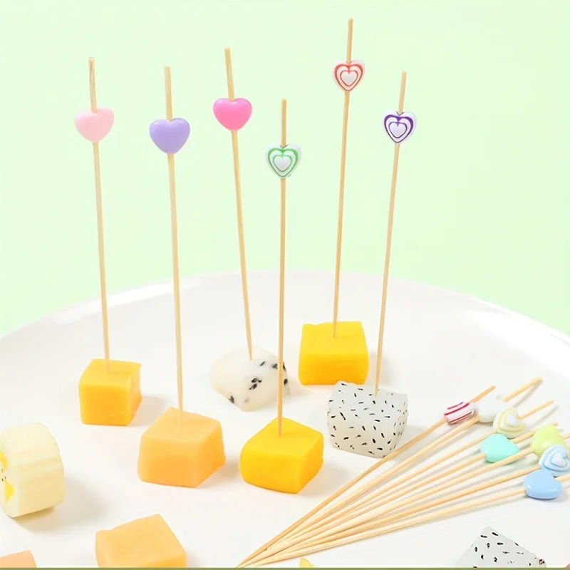300pcs 12cm Bamboo Toothpicks with Colorful Candy Heart-Shaped Decorations High-Quality Skewers for Appetizers Cocktails Fruit