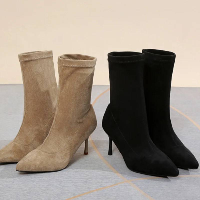 Pointed Toe Women Elastic Socks Short Boots Fashion Side Zippers Slim Ankle Booties High Heel Autumn Winter Ladies Shoes