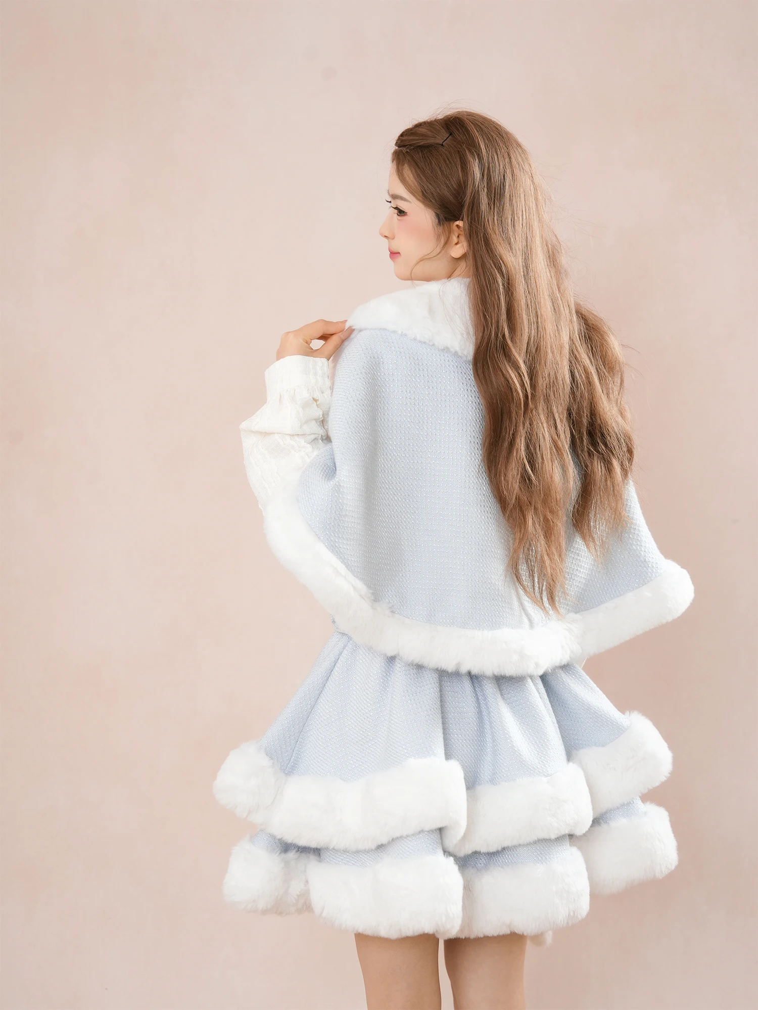 Autumn Winter New Korean Style Sweet Milk Blue Fur Collar Cape Apricot Long Sleeve Base Shirt Slim Fit Short Strap Dress Set
