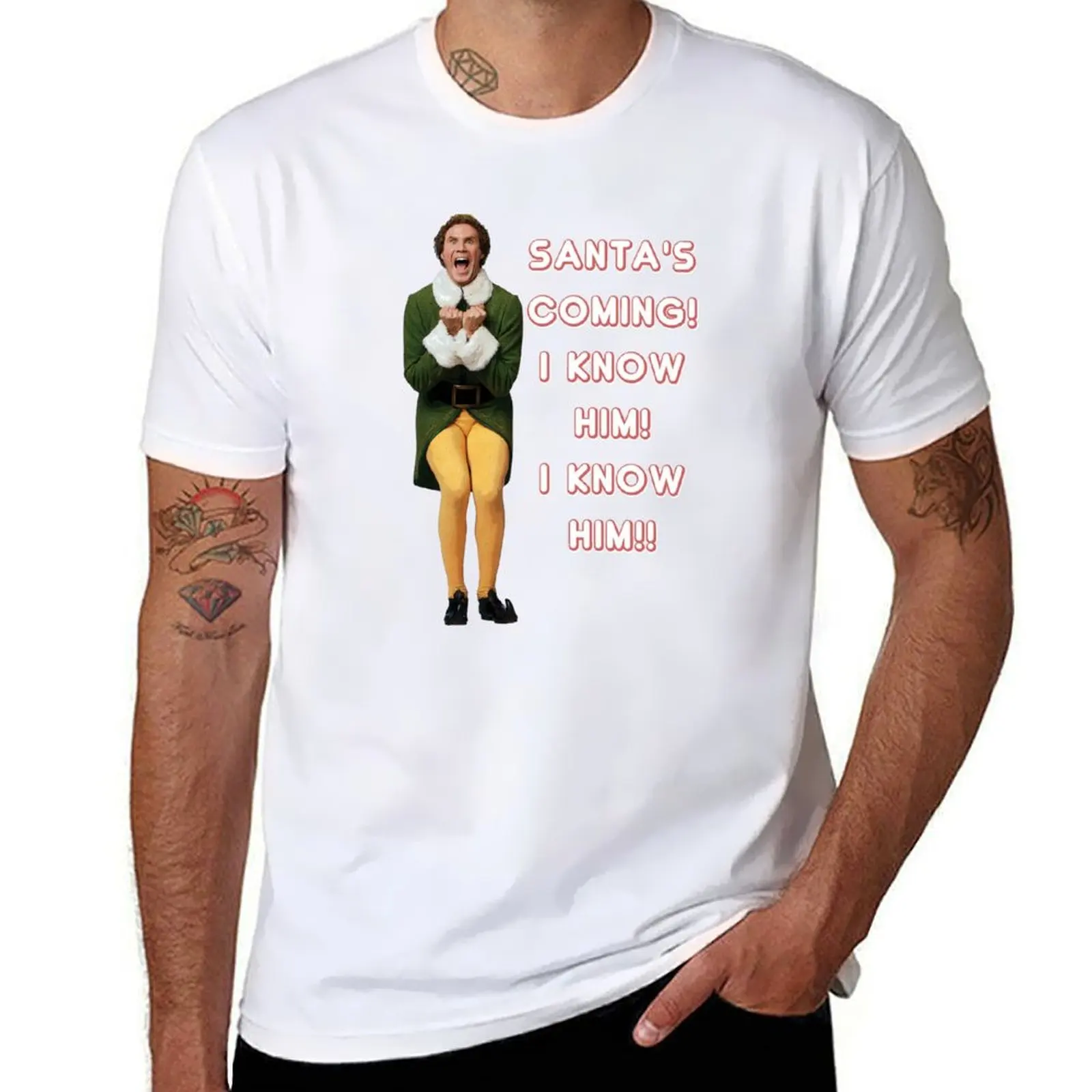 

OMG! SANTA'S COMING! I KNOW HIM! Elf Christmas Movie Buddy Will Ferrell mint/pink T-Shirt Casual Minimalist Short Sleeve Top