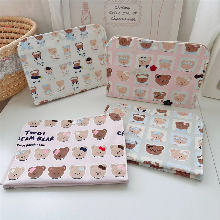 Kawaii Cute Bear Print Cosmetic Bag Handmade Sweet Pink Makeup Organizer Portable Travel Liner Bag Multifunctional Document Fold
