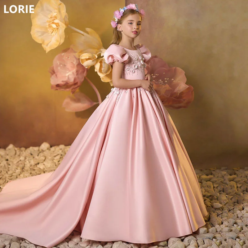 

LORIE A-line Pink Lace Applique Flower Girl Dresses Clean Generous Little Girl Dress Satin Princess Baby Girl Dresses Customized