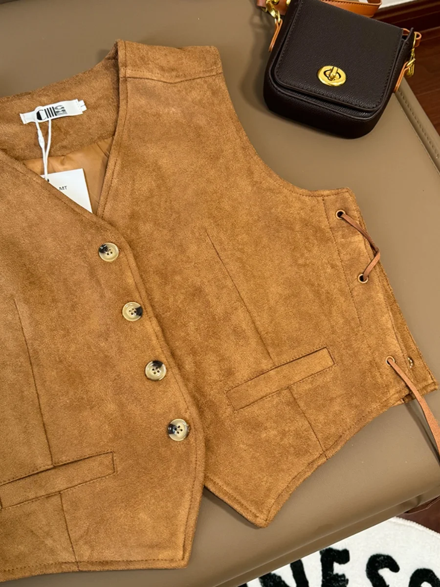 Chaleco de gamuza empalmado con cordones Retro Jaet mujer ort v-ne pequeño Jaet otoño alta gama sentido capas Faionable