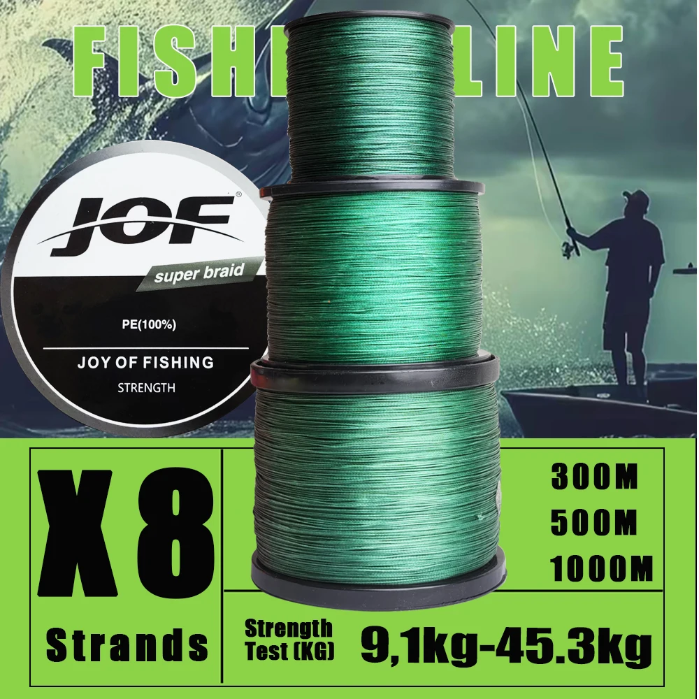 JOF 300M 500M 1000M 8 Strands Braided Line 20-100LB Multifilament PE Fishing Line Super Strong for Salt Freshwater Fishing