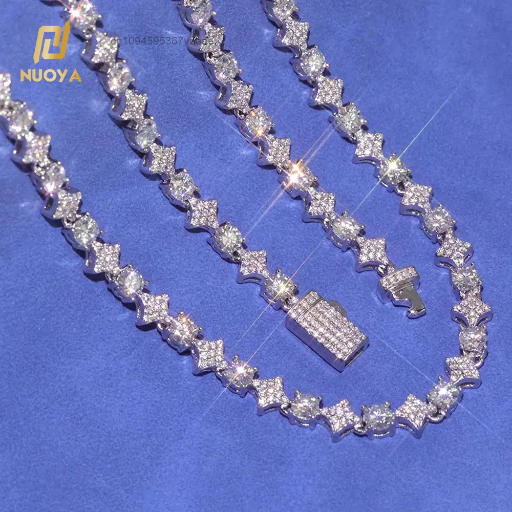 NUOYA 6mm Width Star Design Shiny VVS Moissanite Necklace Custom Women's Fine Jewelry 925 Sterling Silver Tennis Chain..