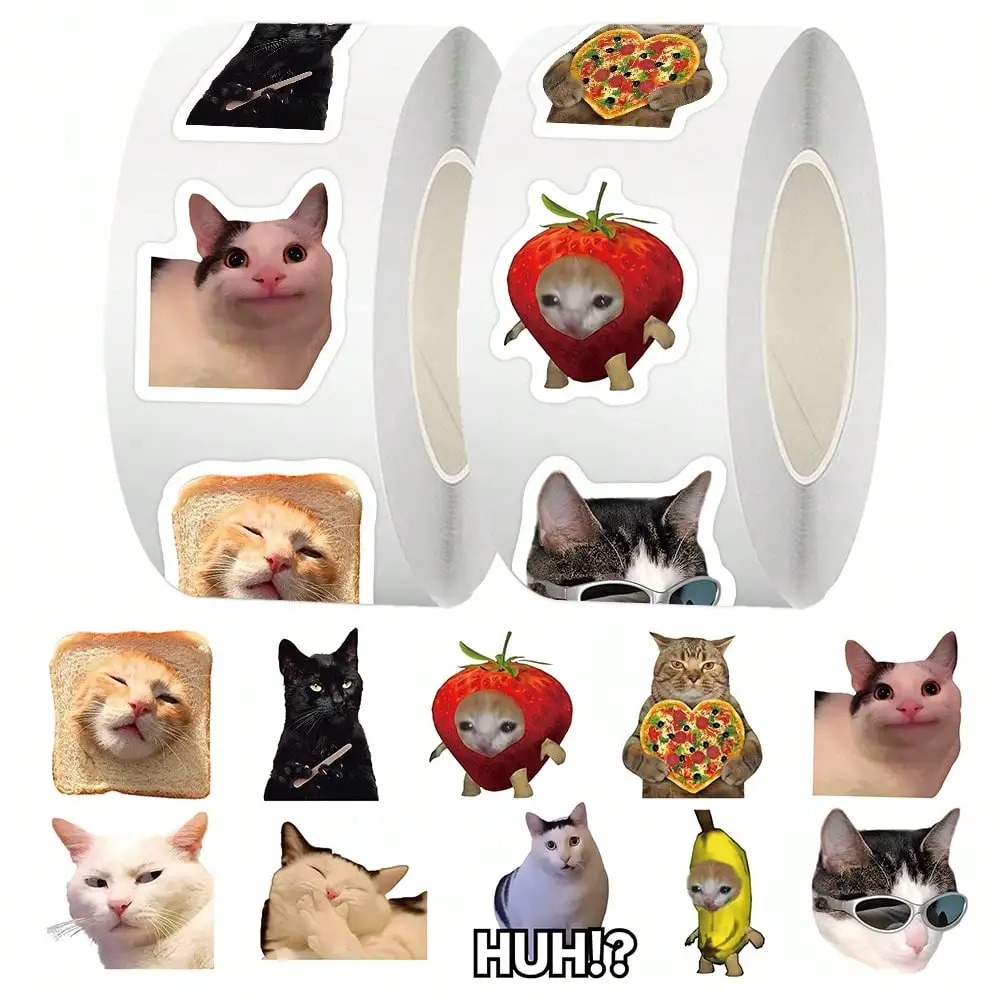 

500PCS/ROLL Funny Cat Meme Stickers Sealing Label Decals Cute Decoration Notebook Phone Guitar Reward Cartoon Sticker Gift
