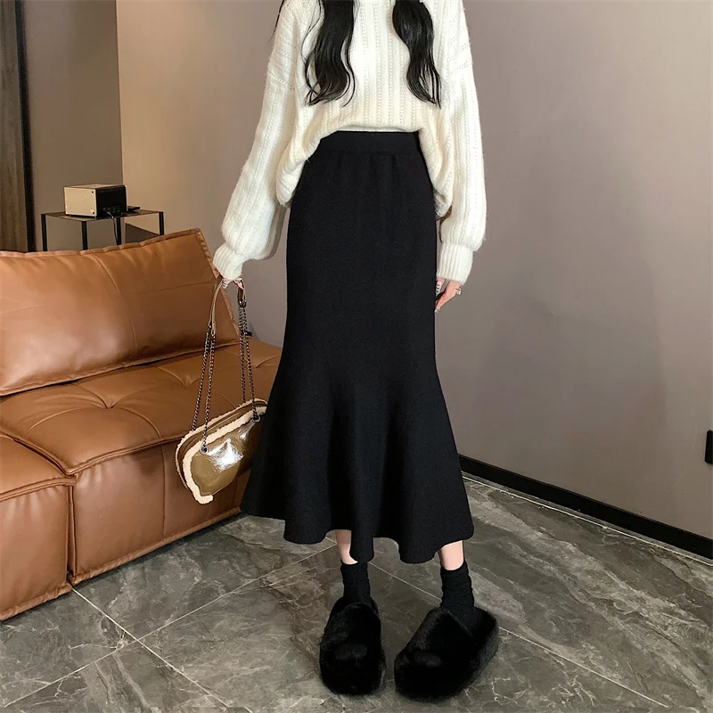 

Autumn Winter Knitted Long Skirts Women Midi Skirt Ladies Elegant Fashion High Waist Skirts Sweet Chic Wrap Hip Fishtail Skirts