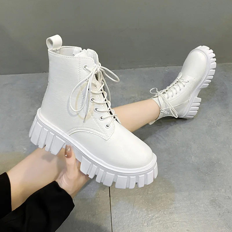 Rimocy Chunky Platform White Ankle Boots Women Autumn Winter Pu Leather Combat Booties Mujer Punk Thick Bottom Motorcycle Boots