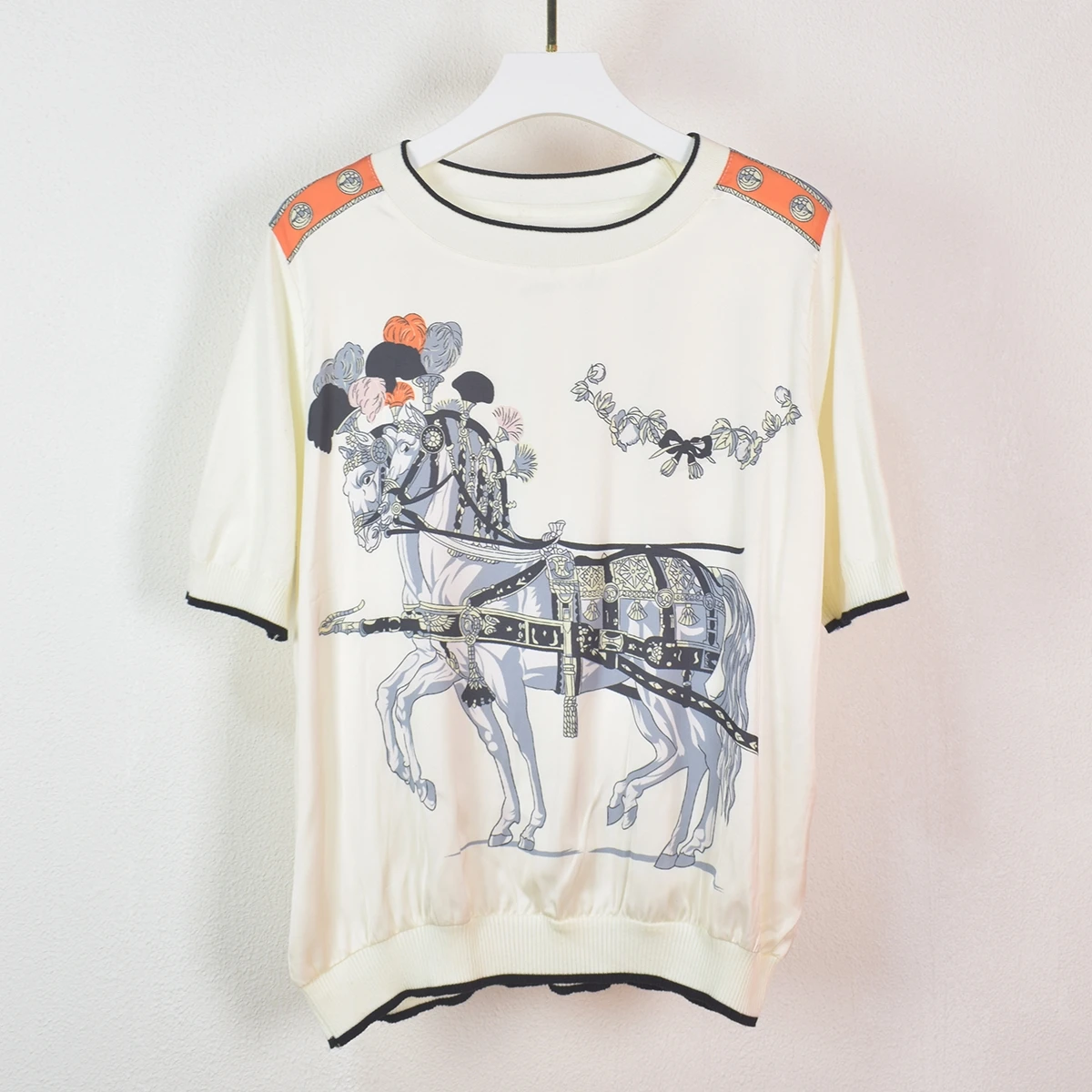 Imitation Silk Horse Print Splicing Knit O-neck T-shirt For Women Short Sleeve Knitwear Top Ladies Fashion Tshirt Clothing