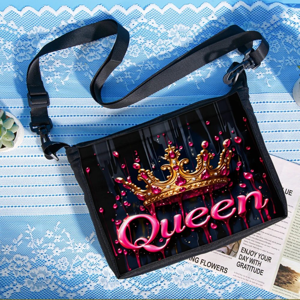 1pc Queen Crown Print Crossbody Bag Black With Pink And Gold Design Shoulder Bags For Women Fashion Statement Accessory