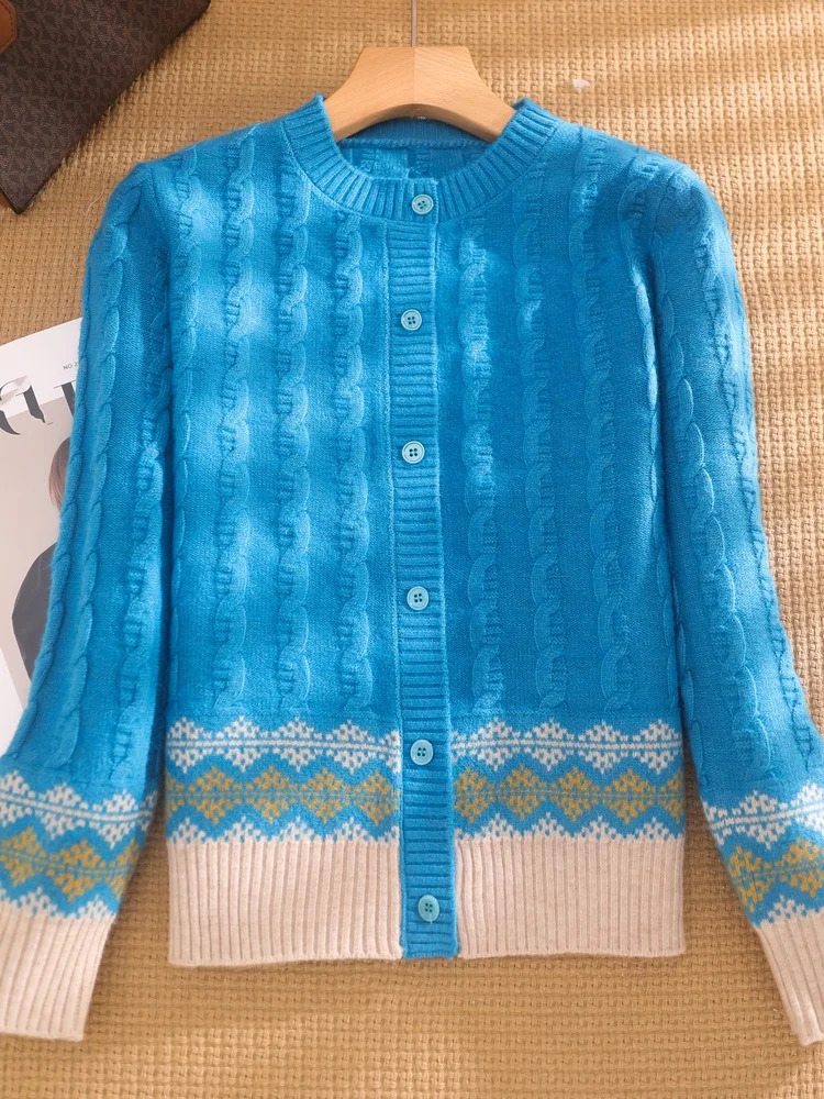 

LRXN2025 round Ne Knitted Open Cardigan Women's Faionable Sweater Outerwear Spring Autumn Winter New Sle Floral Embroidery