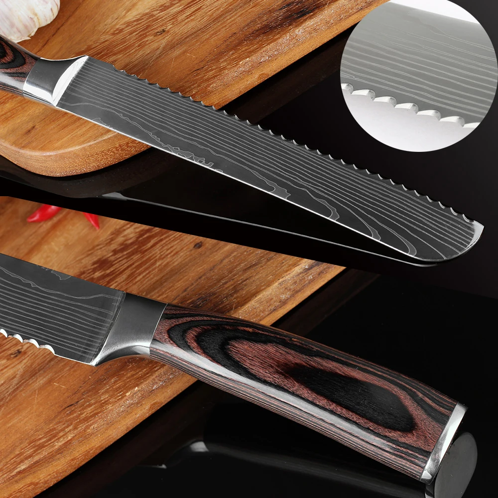 XITUO Kitchen Bread Knife Serrated Design Laser Damascus Stainless Steel Blade 8 inch Chef Knives Bread Cheese Cake Tool