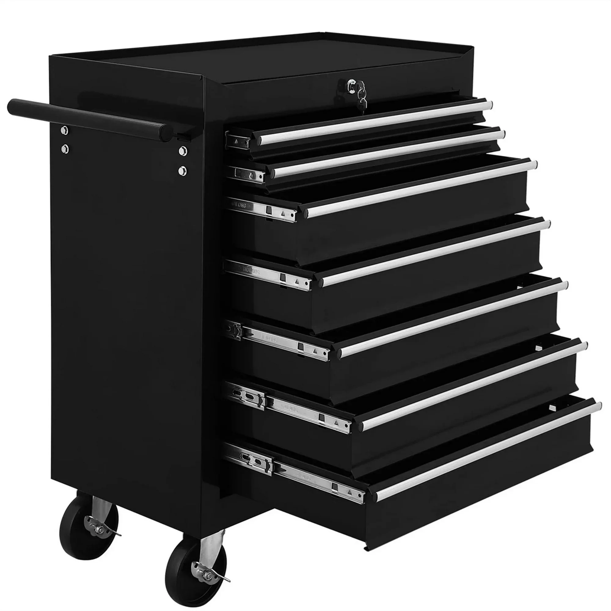 

24.5-Inch 7-Drawer Steel Rolling Tool Chest on Wheels, Black Tool Box for Workshop, Garage, or Professional Use, Heavy-Duty Mobile Toolbox with Lockable Drawers, Organizer for Hand Tools, Power Tools, Screws, Nuts, Bolts, and Hardware Accessories