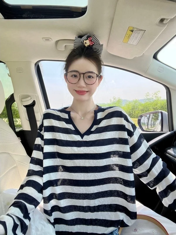 Loose Fit Long Sleeve V-Neck Striped T-Shirt Women's Casual Comfortable Versatile Top Summer Autumn Fashion plus Size