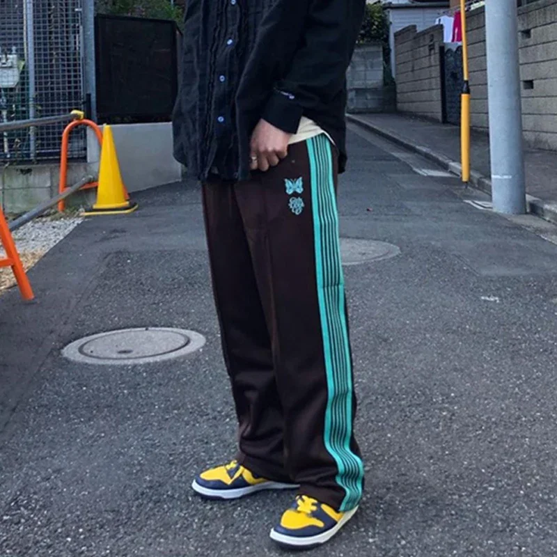 Arrival Sweatpants Butterfly+Letter Logo Embroidery Cotton Track Stripe Zipper Pants Oversize Men Women Brown Trousers