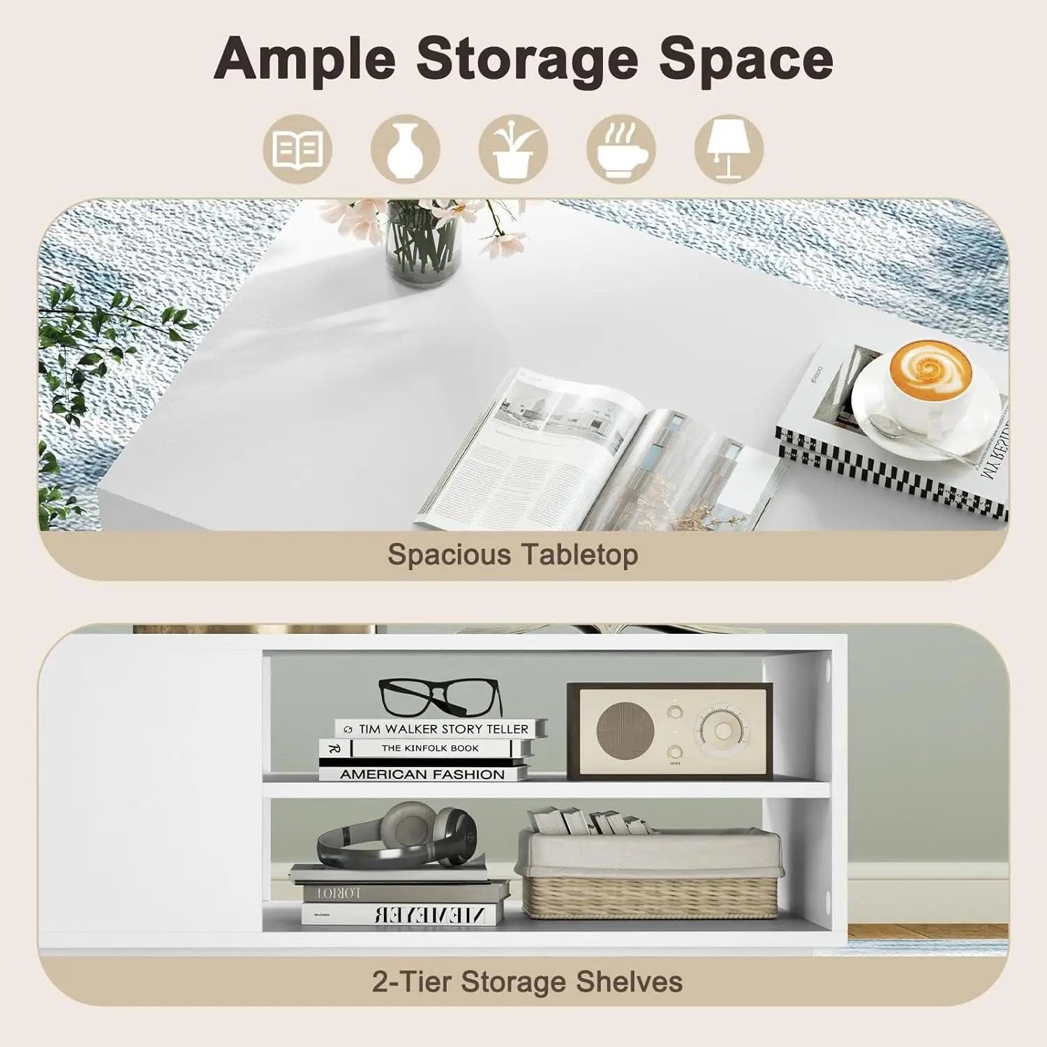 طاولة قهوة حديثة مع مساحة تخزين، طاولة مركزية خشبية مقاس 34 بوصة مع أرفف تخزين مفتوحة من طبقتين، جانب مفتوح، طاولة شاي مستطيلة لـ #4