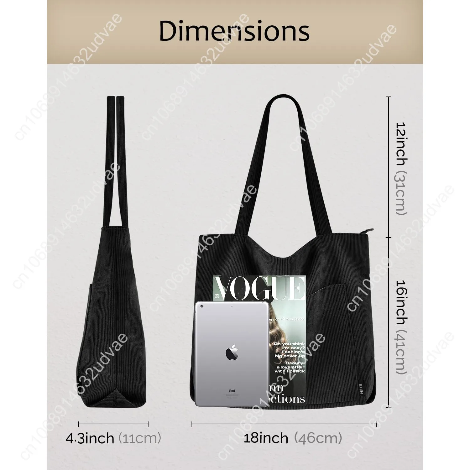 Prite Corduroy Tote Bag for Women Large Shoulder Bag with Zipper and Pockets for College Work Travel Shopping