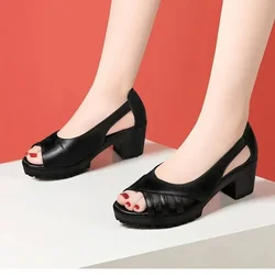 Women's Sandals 2024 Summer New Retro Fish Mouth Mesh Breathable Sandals Thick Bottom High Heels Soft Leather Sandals