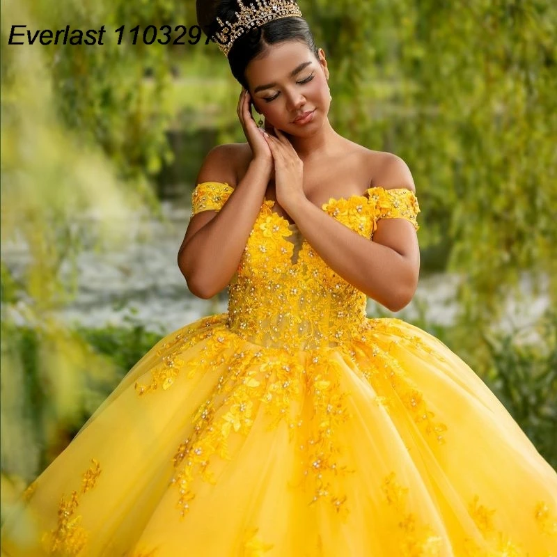 EVLAST Customized Yellow Quinceanera Dress Ball Gown Shiny Lace Applique Beading Mexican Sweet 16 Vestido De 15 Anos QD1041