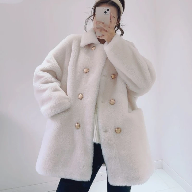 2023 Winter New Women Imitation Fur Coat Mid length version double-breasted outwear loose warm parkas fashion casual outcoat