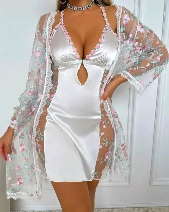 

Women's floral embroidered V-neck backless slim fitting pajamas, transparent mesh hollow out sexy spring and summer new style