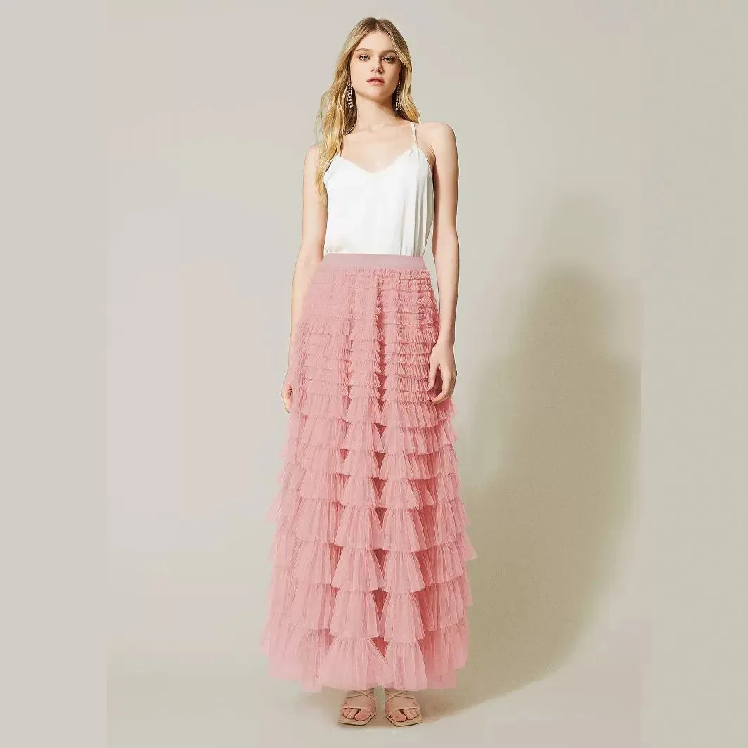 

French long skirt, elegant European and American temperament, solid color high waisted mesh cake skirt, fluffy half skirt