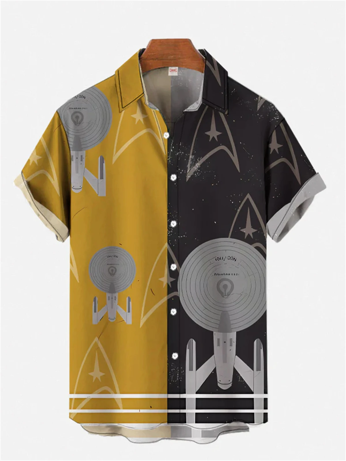 2024 new summer men\'s short-sleeved shirts comfortable and casual men\'s lapel spaceship print tops large size men\'s shirts