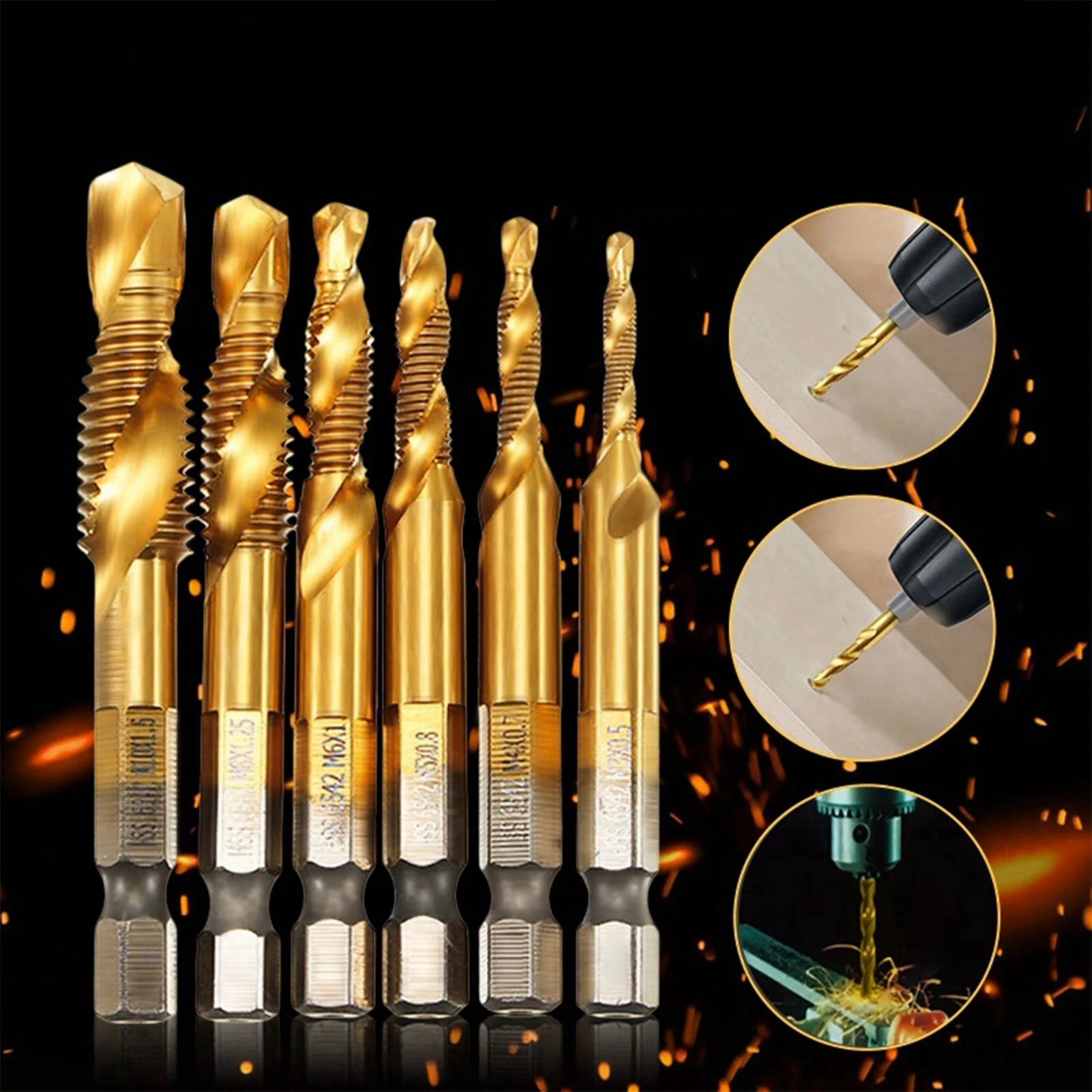 Metric Thread M3-M10 Titanium Coated HSS Drill and Tap Bits 1/4" Hex Shank Thread Tap Screw Taps Tool Set Drill and Tap Bit