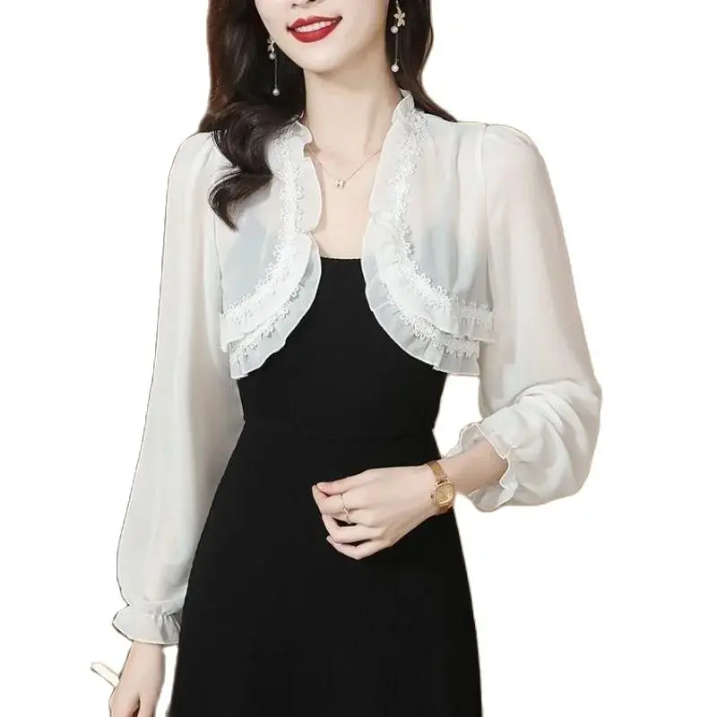 Weiß schwarz Blumen Chiffon Frauen Bolero weibliche Hochzeit Wrap Langarm offene Front schiere Achsel zucken Schal Braut Cardigan Tops Abdeckung