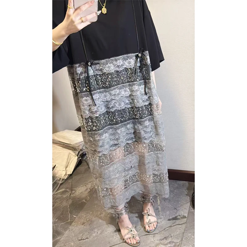 2025 ฤดูร้อนใหม่ผู้หญิงElegantหลวมลูกไม้ยาวเสื้อยืดหญิงแขนสั้นชุดขายส่งJ2006