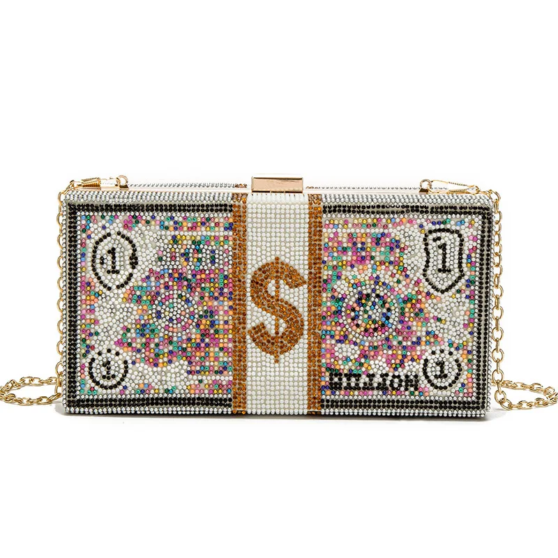 New Fashionable Women's Handheld Shoulder Crossbody Chain Evening Bag with US Dollar Pattern and Rhinestones
