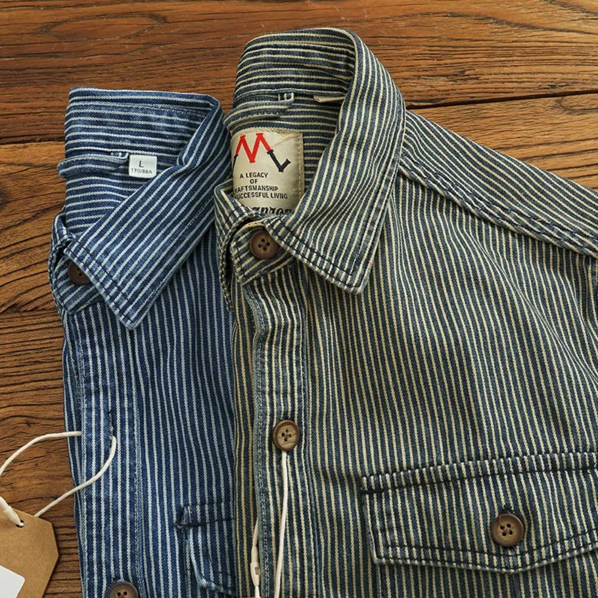 May Khaki vintage heavy long sleeve denim shirt coat men's tooling pure cotton pinstripe texture made old shirt