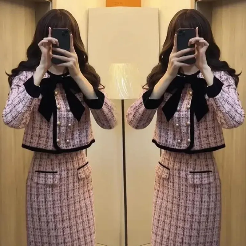 

French Bow Lattice Set Skirt Spring Autumn Fashion Elegant Small Fragrance Pink Top Half Skirt 2 Piece Set Loose Long Skirt Tops